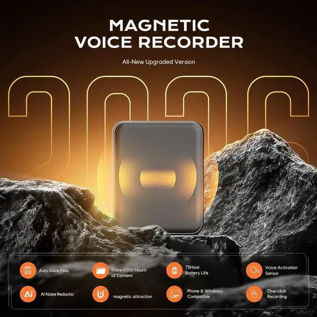 Alt view image 2 of 7 - Magnetic Voice Activated Recorder, 64GB(6000H) Recording Device | Voice Recorder, AI Noise Reduction, USB-C OTG Transfer, Long Battery Life, for Interviews, Class Notes and Work