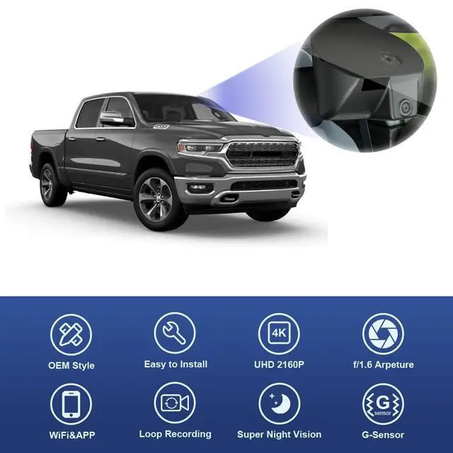 Alt view image 4 of 7 - 4K Dash Cam Suitable for RAM 1500 TRX Classic (Model A) 2019 2020 2021 2022 2023 2024 Rebel Big Horn Laramie, OEM Look, UHD 2160P Video, WiFi&APP, Loop Recording G-Sensor, Plug&Play, 64GB Card