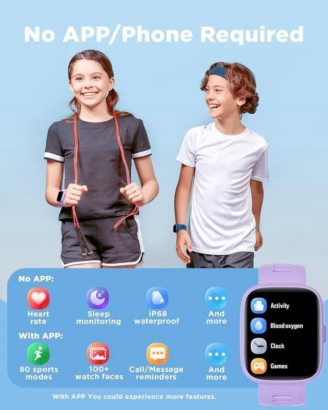 Alt view image 2 of 7 - Smart Watch for Kids, 1.8" Fitness Tracker Watch with Pedometer | Heart Rate, Sleep Monitor, IP68 Waterproof, Step Counter, Puzzle Games with/without App for Girls Teens 5-16