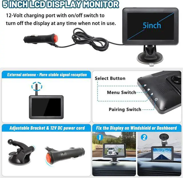 Alt view image 4 of 7 - 2 Magnetic Wireless Backup Cameras HD1080P w/ 5" Split Screen Monitor Portable No Wiring Trailer Hitch IR Night Vision Rear View Camera for Truck Pickup RV Camper 5th Wheel Boat Horse Trailer