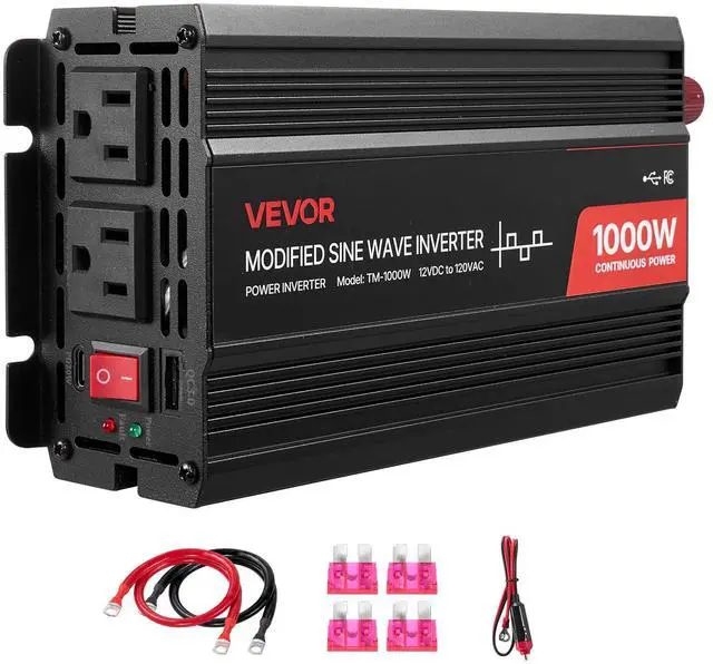 Main image of 1000W Power Inverter, 12V DC to 120V AC Modified Sine Wave Inverter, Car Charger Converter with USB & Type-C Port, 2 AC Outlets, LED Indicator Light, Ideal for RV, Truck Outdoor Camping