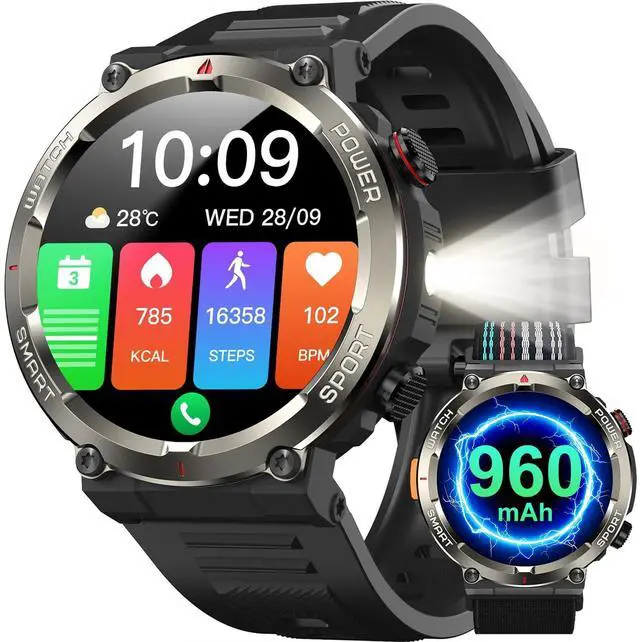 Main image of Military Tactical Smart Watches for Men, 1.45" Smart Watch for Android and iPhone, Fitness Tracker Watch with Compass & Flashlight/30-Day Battery/IP68 Waterproof/Heart Rate/120+ Sport Modes(2 Straps)