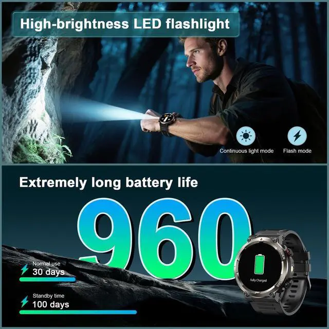 Alt view image 2 of 7 - Military Tactical Smart Watches for Men, 1.45" Smart Watch for Android and iPhone, Fitness Tracker Watch with Compass & Flashlight/30-Day Battery/IP68 Waterproof/Heart Rate/120+ Sport Modes(2 Straps)
