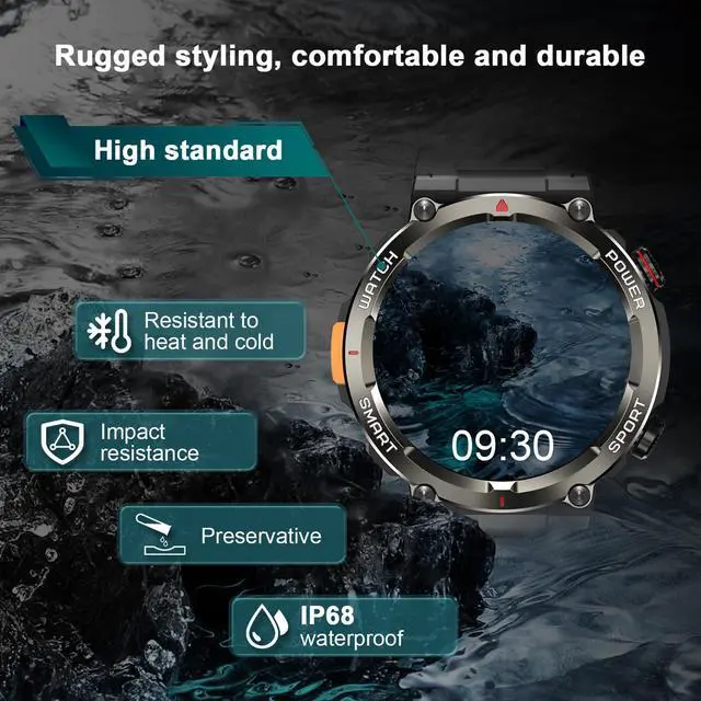 Alt view image 3 of 7 - Military Tactical Smart Watches for Men, 1.45" Smart Watch for Android and iPhone, Fitness Tracker Watch with Compass & Flashlight/30-Day Battery/IP68 Waterproof/Heart Rate/120+ Sport Modes(2 Straps)