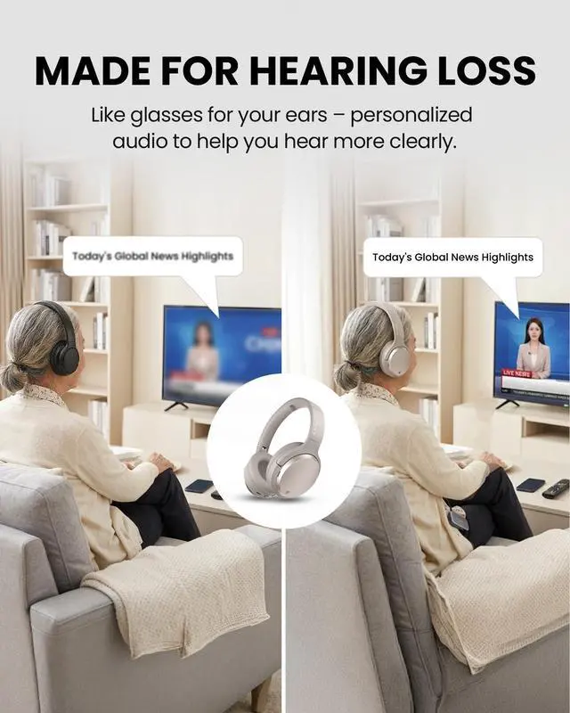 Alt view image 2 of 7 - Personalized Bluetooth Headphones for Seniors & Hard of Hearing | Separate Left & Right Ear Compensation, Clear Speech, Roomy Earcups, Charging Stand, 60hrs & Replaceable Battery - Eon Me