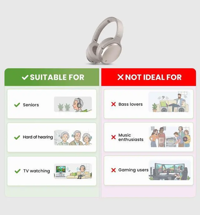 Alt view image 5 of 7 - Personalized Bluetooth Headphones for Seniors & Hard of Hearing | Separate Left & Right Ear Compensation, Clear Speech, Roomy Earcups, Charging Stand, 60hrs & Replaceable Battery - Eon Me