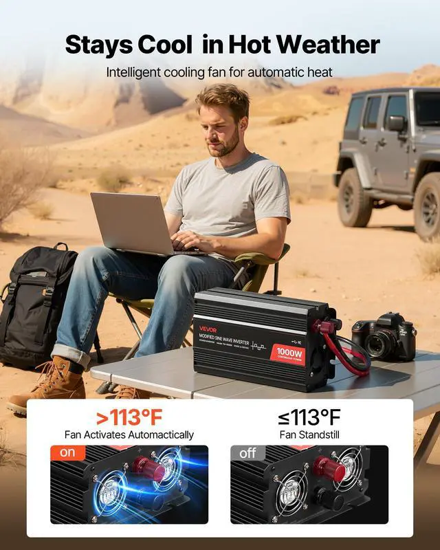 Alt view image 5 of 7 - 1000W Power Inverter, 12V DC to 120V AC Modified Sine Wave Inverter, Car Charger Converter with USB & Type-C Port, 2 AC Outlets, LED Indicator Light, Ideal for RV, Truck Outdoor Camping