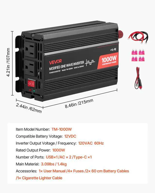 Alt view image 7 of 7 - 1000W Power Inverter, 12V DC to 120V AC Modified Sine Wave Inverter, Car Charger Converter with USB & Type-C Port, 2 AC Outlets, LED Indicator Light, Ideal for RV, Truck Outdoor Camping