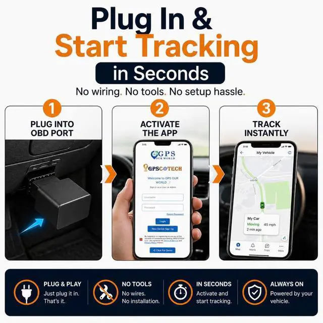 Alt view image 3 of 6 - Car GPS Tracker (OBD2 Plug & Play) 3 Months Free Trial, Real-Time GPS Tracker for Cars, 1-Year History, Speed & Driving Alerts, App Control, Global Coverage - Plans from $4.99/Month