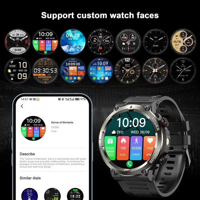 Alt view image 5 of 7 - Military Tactical Smart Watches for Men, 1.45" Smart Watch for Android and iPhone, Fitness Tracker Watch with Compass & Flashlight/30-Day Battery/IP68 Waterproof/Heart Rate/120+ Sport Modes(2 Straps)