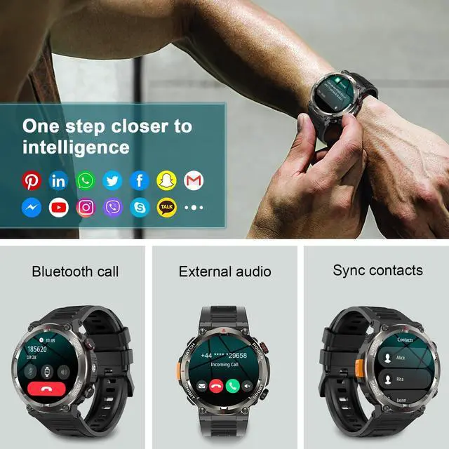 Alt view image 6 of 7 - Military Tactical Smart Watches for Men, 1.45" Smart Watch for Android and iPhone, Fitness Tracker Watch with Compass & Flashlight/30-Day Battery/IP68 Waterproof/Heart Rate/120+ Sport Modes(2 Straps)