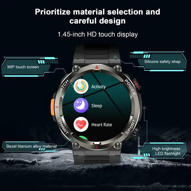 Alt view image 7 of 7 - Military Tactical Smart Watches for Men, 1.45" Smart Watch for Android and iPhone, Fitness Tracker Watch with Compass & Flashlight/30-Day Battery/IP68 Waterproof/Heart Rate/120+ Sport Modes(2 Straps)
