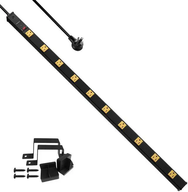 Main image of 10 Outlet Long Power Strip, 1000 Joules Surge Protector | 6FT Cord, Industrial Heavy Duty, Flat Plug, 15A Breaker, Wall Mountable, Work Bench, Shop, Garage