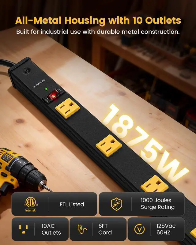 Alt view image 2 of 7 - 10 Outlet Long Power Strip, 1000 Joules Surge Protector | 6FT Cord, Industrial Heavy Duty, Flat Plug, 15A Breaker, Wall Mountable, Work Bench, Shop, Garage