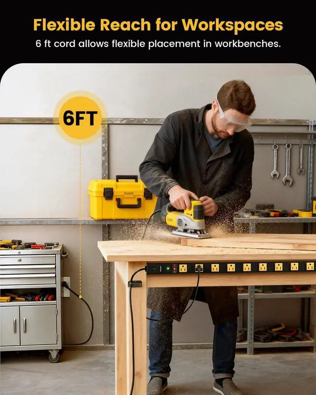 Alt view image 5 of 7 - 10 Outlet Long Power Strip, 1000 Joules Surge Protector | 6FT Cord, Industrial Heavy Duty, Flat Plug, 15A Breaker, Wall Mountable, Work Bench, Shop, Garage