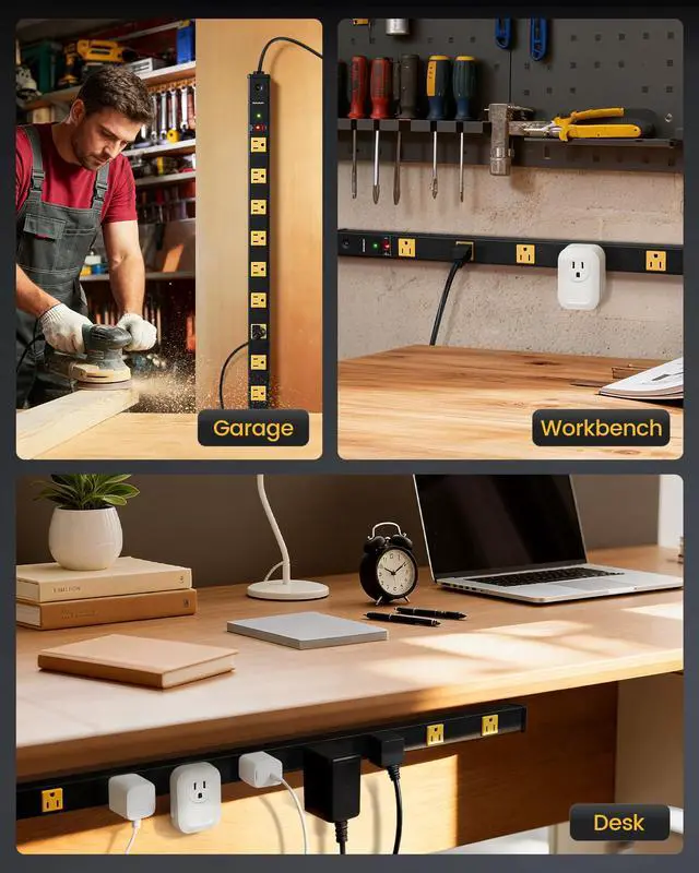 Alt view image 6 of 7 - 10 Outlet Long Power Strip, 1000 Joules Surge Protector | 6FT Cord, Industrial Heavy Duty, Flat Plug, 15A Breaker, Wall Mountable, Work Bench, Shop, Garage