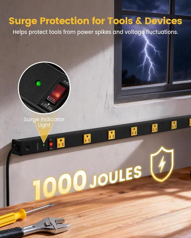 Alt view image 3 of 7 - 10 Outlet Long Power Strip, 1000 Joules Surge Protector | 6FT Cord, Industrial Heavy Duty, Flat Plug, 15A Breaker, Wall Mountable, Work Bench, Shop, Garage