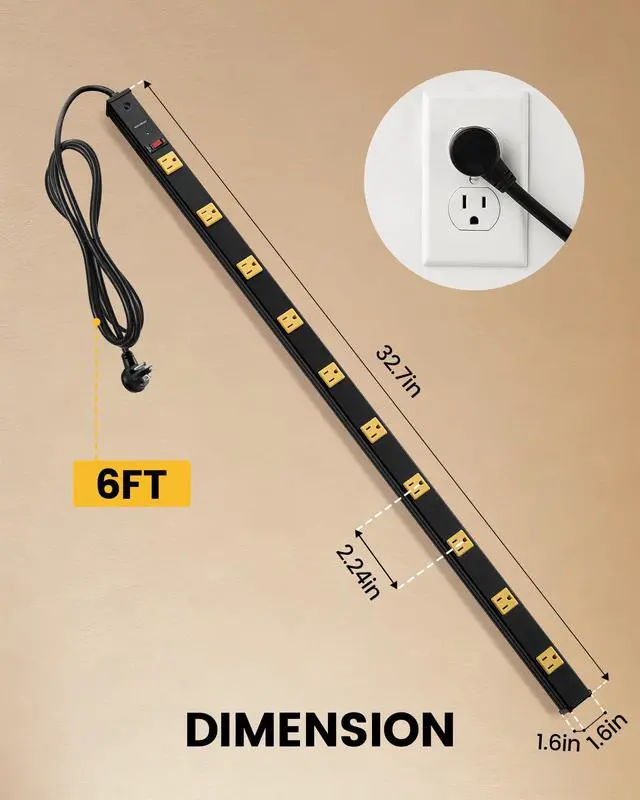 Alt view image 7 of 7 - 10 Outlet Long Power Strip, 1000 Joules Surge Protector | 6FT Cord, Industrial Heavy Duty, Flat Plug, 15A Breaker, Wall Mountable, Work Bench, Shop, Garage