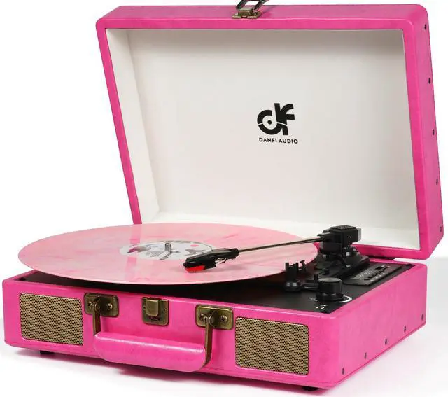 Main image of Vintage Bluetooth Suitcase Record Player with Built-in Speakers, 3 Speed Portable Turntable with USB Vinyl Audio Recorder RCA AUX-in & Headphone Jack (Pink)