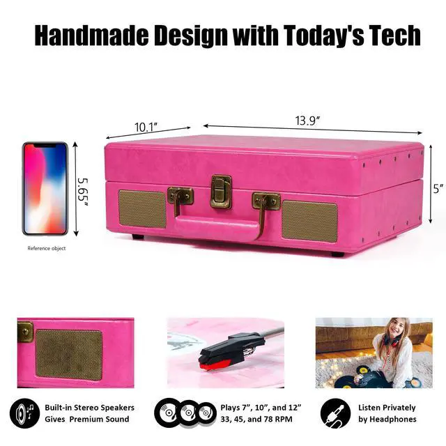 Alt view image 3 of 7 - Vintage Bluetooth Suitcase Record Player with Built-in Speakers, 3 Speed Portable Turntable with USB Vinyl Audio Recorder RCA AUX-in & Headphone Jack (Pink)