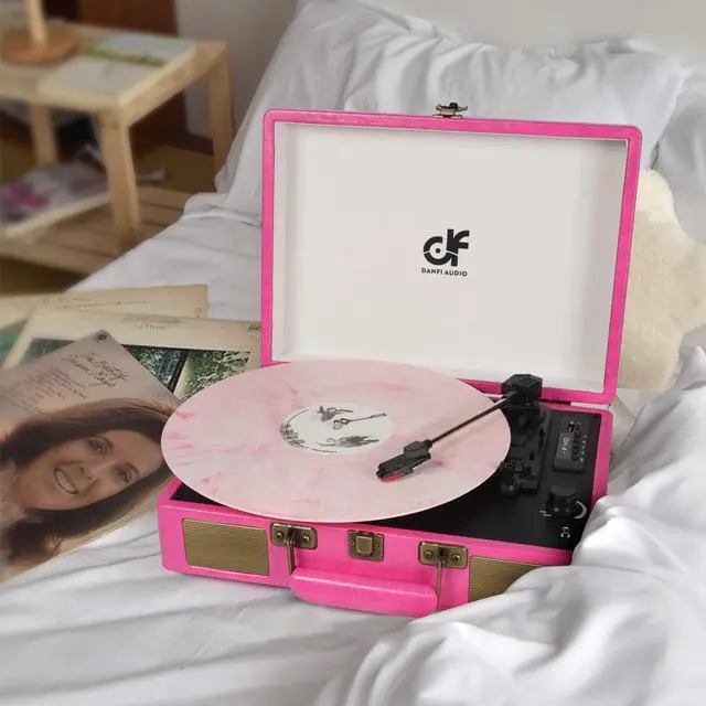 Alt view image 2 of 7 - Vintage Bluetooth Suitcase Record Player with Built-in Speakers, 3 Speed Portable Turntable with USB Vinyl Audio Recorder RCA AUX-in & Headphone Jack (Pink)