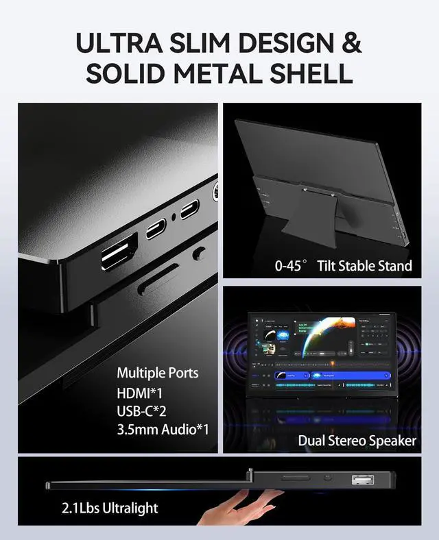 Alt view image 5 of 7 - Portable Touch Monitor 15.6-inch 4K UHD 3840×2160 100% sRGB USB-C HDMI Monitor,Aluminum Alloy Shell,10-Point TouchPortable IPS Screen Computer Display Dual Speaker for Laptop Mac Switch PS5/4