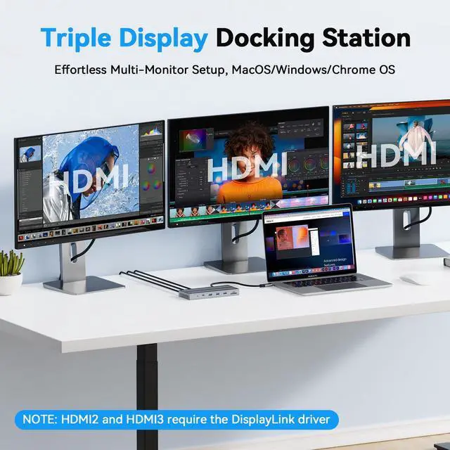 Alt view image 2 of 7 - Displaylink Docking Station 3 Monitors with 120W Power Adapter, 14-in-1 Laptop Dock for MacBook M1/M2/M3/M4/Windows, 3XHDMI, 5 USB Ports, Ethernet, Audio, SD/microSD