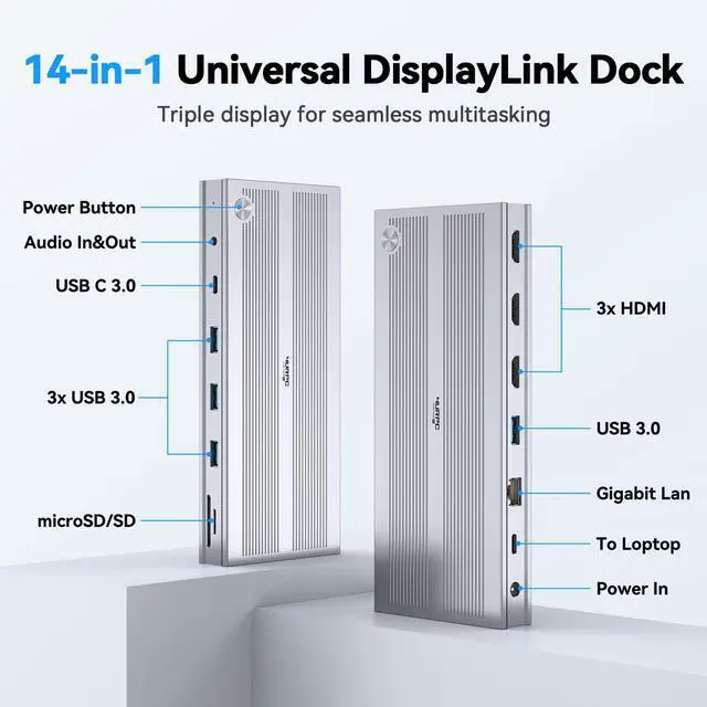 Alt view image 4 of 7 - Displaylink Docking Station 3 Monitors with 120W Power Adapter, 14-in-1 Laptop Dock for MacBook M1/M2/M3/M4/Windows, 3XHDMI, 5 USB Ports, Ethernet, Audio, SD/microSD
