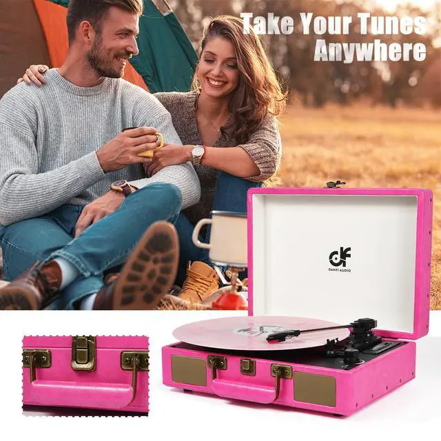 Alt view image 6 of 7 - Vintage Bluetooth Suitcase Record Player with Built-in Speakers, 3 Speed Portable Turntable with USB Vinyl Audio Recorder RCA AUX-in & Headphone Jack (Pink)