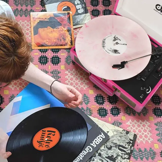 Alt view image 5 of 7 - Vintage Bluetooth Suitcase Record Player with Built-in Speakers, 3 Speed Portable Turntable with USB Vinyl Audio Recorder RCA AUX-in & Headphone Jack (Pink)