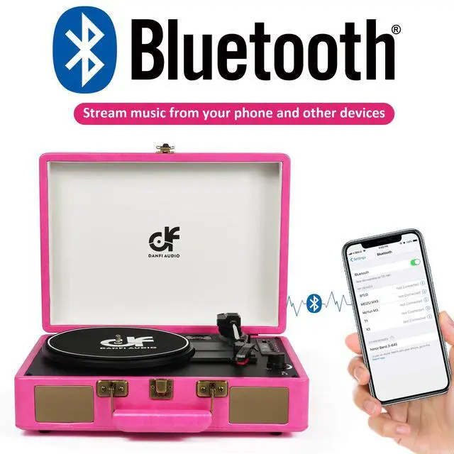 Alt view image 4 of 7 - Vintage Bluetooth Suitcase Record Player with Built-in Speakers, 3 Speed Portable Turntable with USB Vinyl Audio Recorder RCA AUX-in & Headphone Jack (Pink)