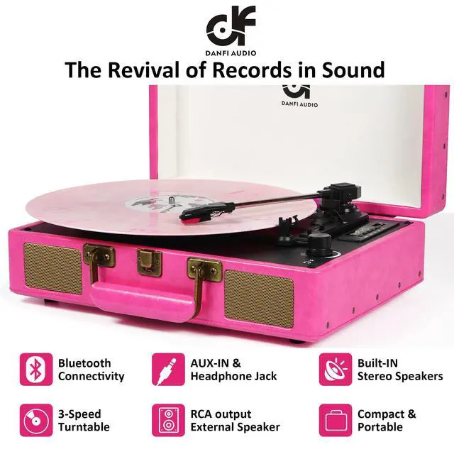Alt view image 7 of 7 - Vintage Bluetooth Suitcase Record Player with Built-in Speakers, 3 Speed Portable Turntable with USB Vinyl Audio Recorder RCA AUX-in & Headphone Jack (Pink)