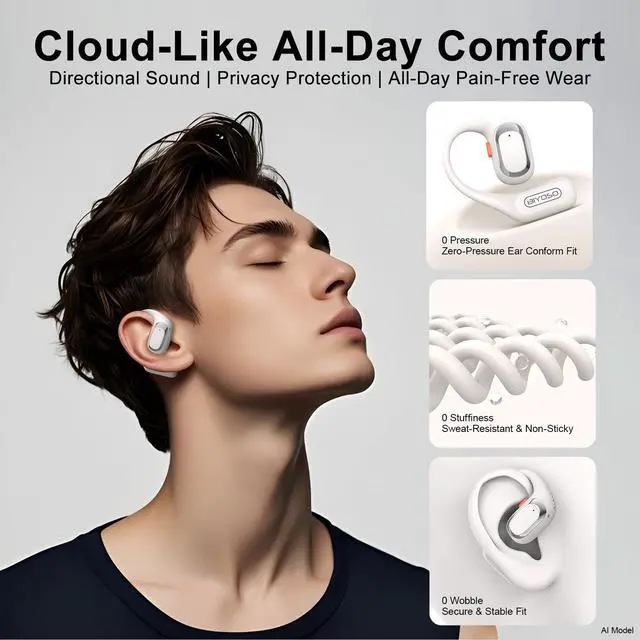 Alt view image 5 of 7 - X52 Open Ear Headphones, Bluetooth 6.0 Wireless Earbuds with Earhooks, Anti-Accidental Touch, LED Display, 30H Playtime, Sport Headphones for Running Workout, White