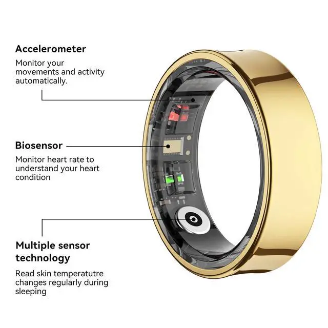 Alt view image 2 of 7 - Smart Ring Health Tracker, Smart Rings for Men & Women, No Subscription Required, Long-Lasting Battery Sleep Ring, Fitness & Sleep Monitor Compatible with iOS & Android (Gold, 7)