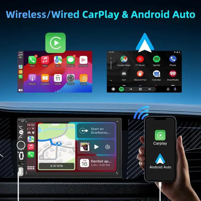 Alt view image 2 of 7 - Wireless Double Din Car Stereo A-pple Carplay Radio Screen for Car Audio Receivers, Bluetooth Car Play Android Auto 7" Touchscreen, Car Radio Support Bluetooth, Mirror Link, FM/AM, Type-C