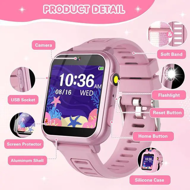 Alt view image 5 of 7 - Smart Watch for Kids with 39 Games Touchscreen Camera Video, Music Player, Pedometer, Calculator, Calendar, Stopwatch, Flashlight, Alarm Clock 12/24 hr, Birthday Gifts Toys for Girls Ages 3-12