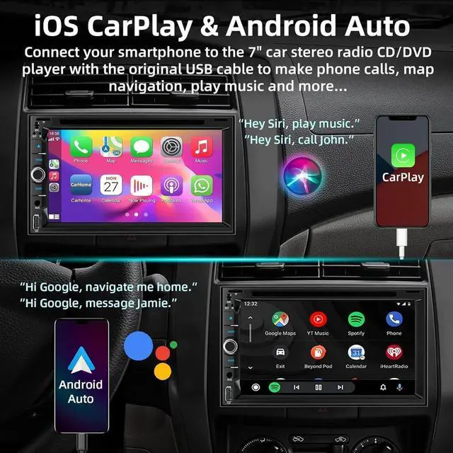 Alt view image 2 of 7 - Double Din Car Stereo with CD/DVD Player, 7-Inch Touch Screen, Bluetooth 5.2, CarPlay/Android Auto, Backup Camera, USB/TF Card Slots, FM Radio, AUX Input