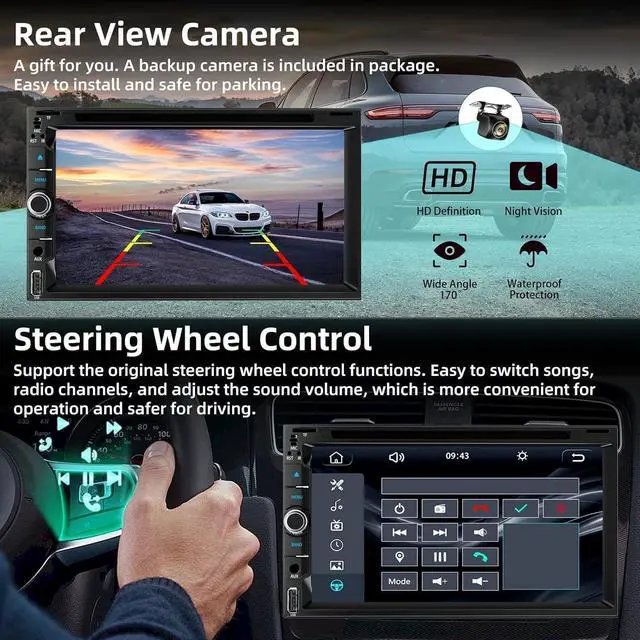 Alt view image 6 of 7 - Double Din Car Stereo with CD/DVD Player, 7-Inch Touch Screen, Bluetooth 5.2, CarPlay/Android Auto, Backup Camera, USB/TF Card Slots, FM Radio, AUX Input