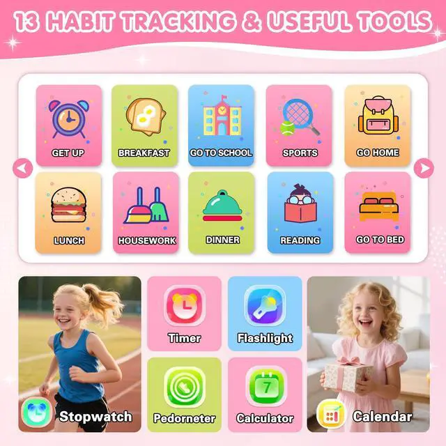 Alt view image 6 of 7 - Smart Watch for Kids with 39 Games Touchscreen Camera Video, Music Player, Pedometer, Calculator, Calendar, Stopwatch, Flashlight, Alarm Clock 12/24 hr, Birthday Gifts Toys for Girls Ages 3-12