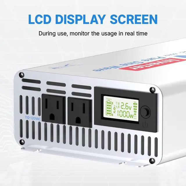 Alt view image 5 of 7 - Pure Sine Wave Inverter 1000W Convert DC 12V to AC 110V, Monitoring Screen Showing Real-Time Status, for Off-Grid Solar Power System, RV, Home Backup Power