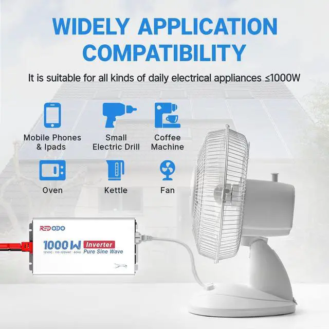 Alt view image 7 of 7 - Pure Sine Wave Inverter 1000W Convert DC 12V to AC 110V, Monitoring Screen Showing Real-Time Status, for Off-Grid Solar Power System, RV, Home Backup Power