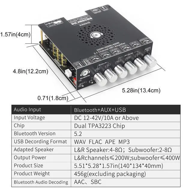 Alt view image 6 of 6 - X400HS 2.1 Channel Bluetooth 5.0 Amplifier Board, TPA3223 Chip 200W+200W+400W Output, 12-42V DC with 6 Knob Controls, for DIY Subwoofer/Speaker/Home Theater Audio System