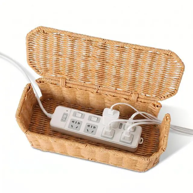 Main image of Rattan Cable Management Box, Cord Organizer to Hide Cords & Power Strip | Metal framed handwoven rattan, ventilated to dissipate heat. Octagonal design & dual rear cable slots, boho home office decor