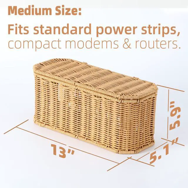 Alt view image 2 of 7 - Rattan Cable Management Box, Cord Organizer to Hide Cords & Power Strip | Metal framed handwoven rattan, ventilated to dissipate heat. Octagonal design & dual rear cable slots, boho home office decor