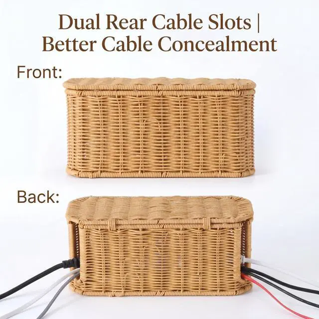 Alt view image 3 of 7 - Rattan Cable Management Box, Cord Organizer to Hide Cords & Power Strip | Metal framed handwoven rattan, ventilated to dissipate heat. Octagonal design & dual rear cable slots, boho home office decor