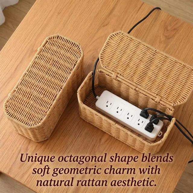 Alt view image 4 of 7 - Rattan Cable Management Box, Cord Organizer to Hide Cords & Power Strip | Metal framed handwoven rattan, ventilated to dissipate heat. Octagonal design & dual rear cable slots, boho home office decor