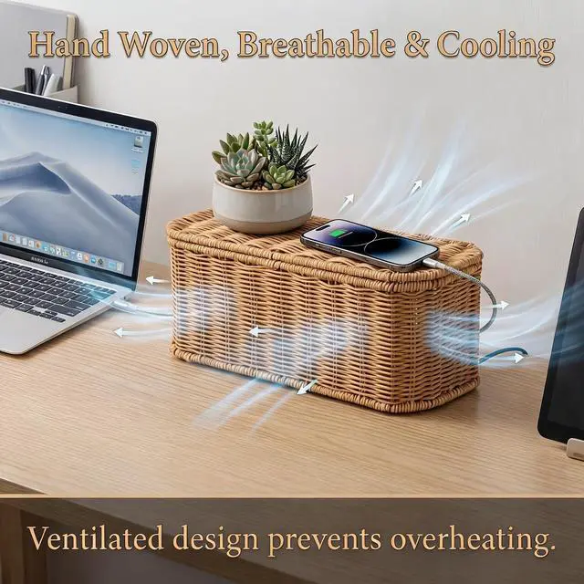 Alt view image 5 of 7 - Rattan Cable Management Box, Cord Organizer to Hide Cords & Power Strip | Metal framed handwoven rattan, ventilated to dissipate heat. Octagonal design & dual rear cable slots, boho home office decor