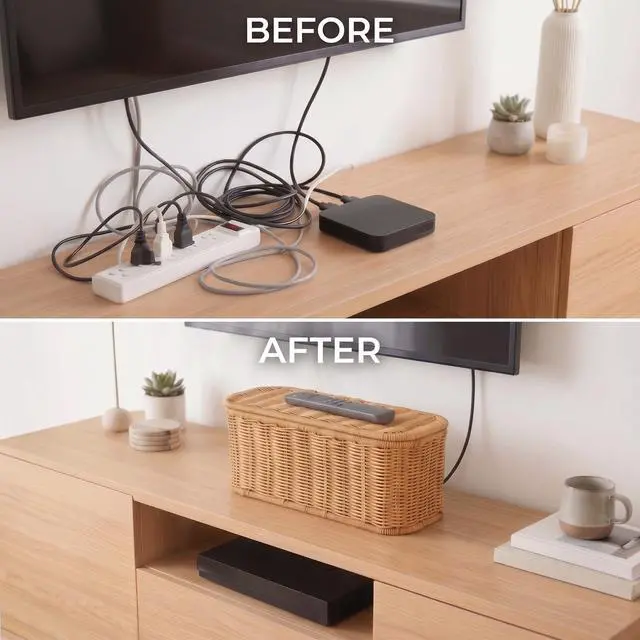 Alt view image 7 of 7 - Rattan Cable Management Box, Cord Organizer to Hide Cords & Power Strip | Metal framed handwoven rattan, ventilated to dissipate heat. Octagonal design & dual rear cable slots, boho home office decor
