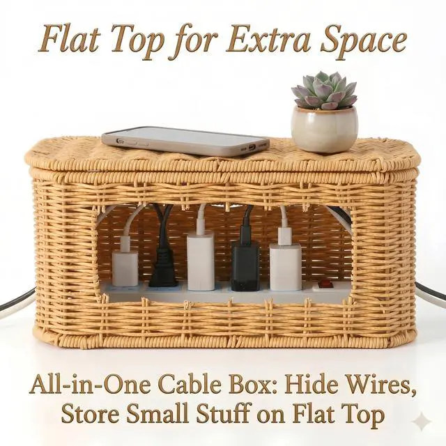 Alt view image 6 of 7 - Rattan Cable Management Box, Cord Organizer to Hide Cords & Power Strip | Metal framed handwoven rattan, ventilated to dissipate heat. Octagonal design & dual rear cable slots, boho home office decor