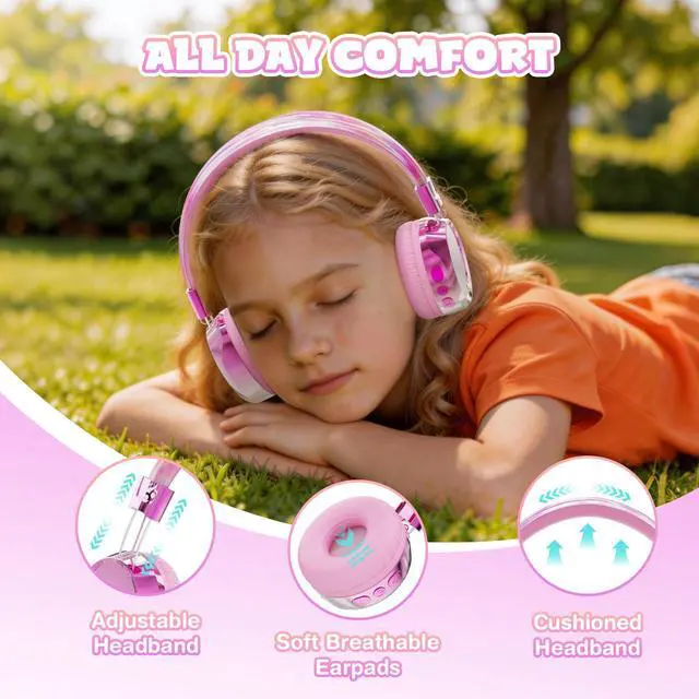 Alt view image 3 of 7 - Kids Bluetooth Headphones, 74/85dB Volume Limited, 60H Playtime, Built-in Mic, Fast Charging, Bluetooth 5.4, Foldable Toddler Wireless Over-Ear with AUX Cord, for iPad/Tablet/Airplane